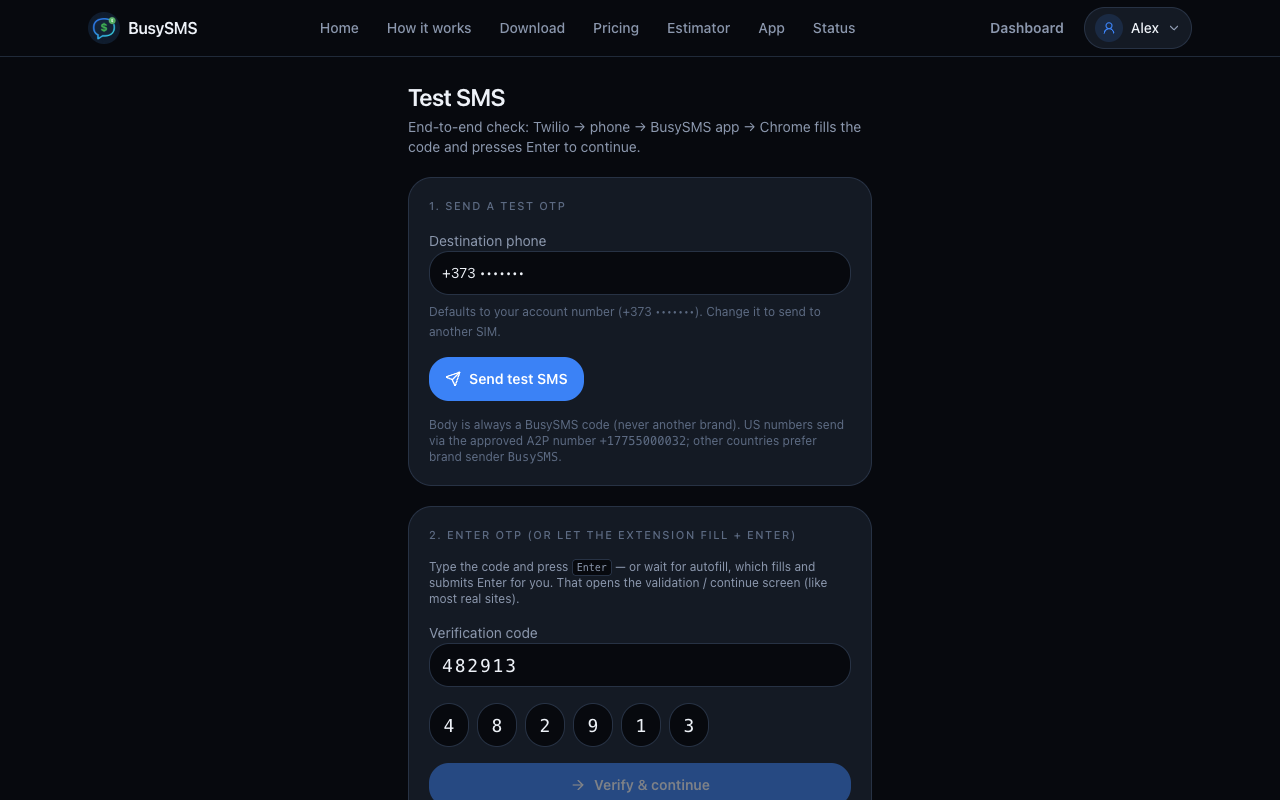 BusySMS OTP Autofill — Code filled